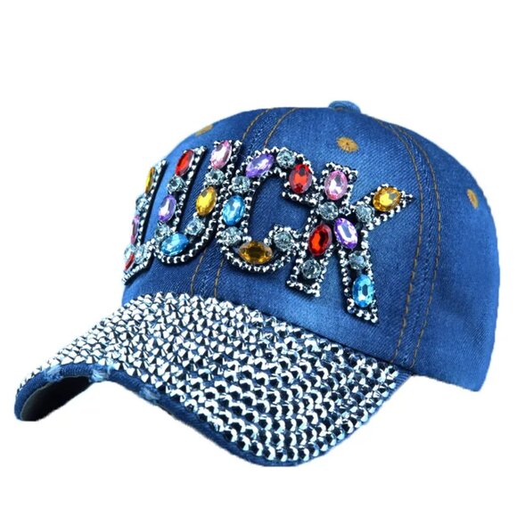 Women Adjustable Diamond Letter LUCK Outdoor Sunshade Hat Sunscreen Baseball Cap - Picture 2 of 9